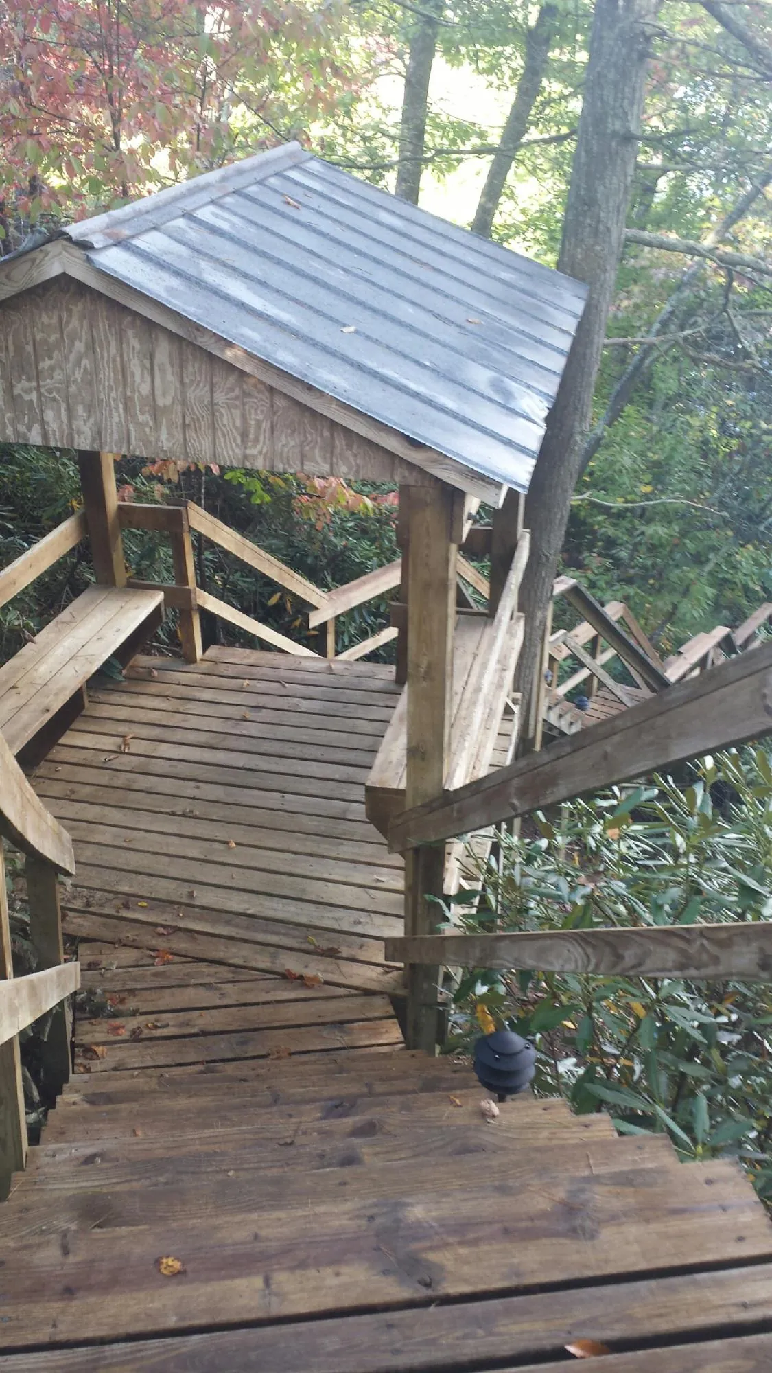 Metal roofed shelter over wooden steps on a wooded walkway — Skylight Repair & Installation work by our crew in Hutto